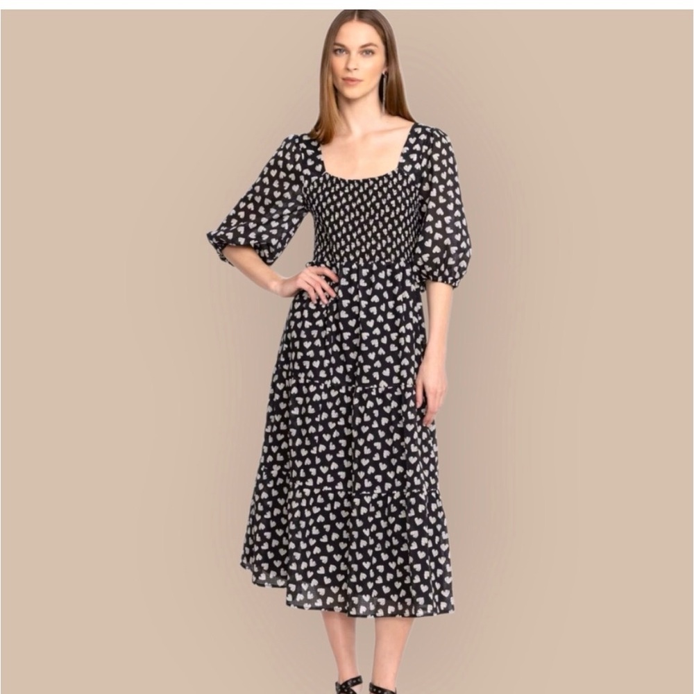 Johnny‎ Was Jade Couple of Hearts Midi Dress Size XS Smocked Puff Sleeve Black